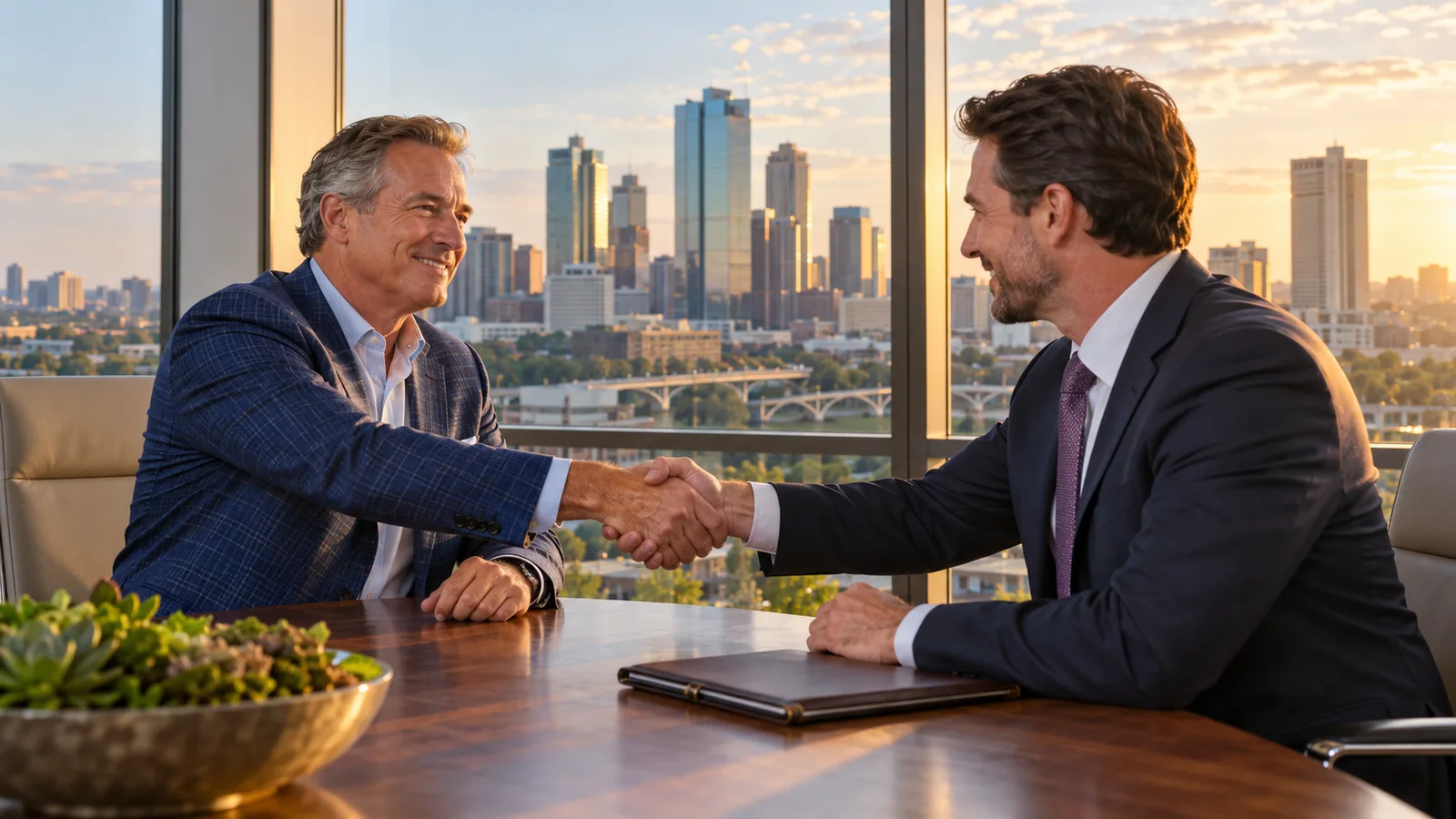 Business owner shaking hands with a broker in a Fort Worth office