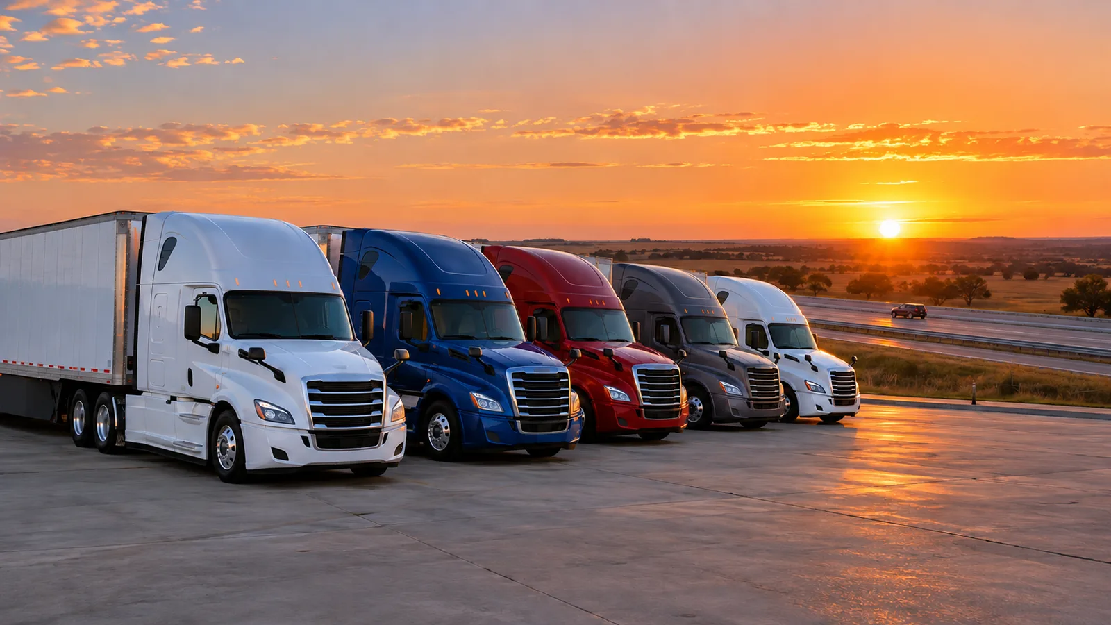 Semi trucks parked at a North Texas freight yard
