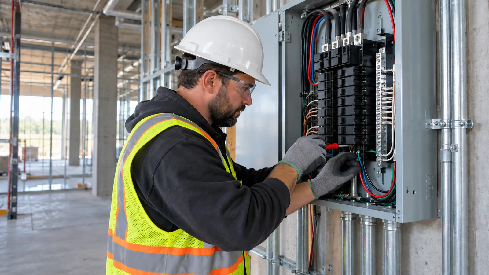 Electrician working on a commercial electrical panel